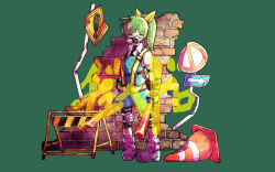 ! 1girl blue_skirt blue_vest bow brick_wall broken_wall closed_eyes collared_shirt commentary_request cookie_(touhou) daiyousei diyusi_(cookie) full_body green_background green_hair grey_shoes hair_bow high-visibility_clothing high-visibility_vest high_ponytail highres knee_pads loose_socks mask medium_hair no_symbol ponytail puffy_short_sleeves puffy_sleeves respirator road_closed_to_vehicles_sign road_sign shirt shoes short_sleeves sign skirt skirt_set socks solo standing touhou traffic_barrier traffic_baton traffic_cone ukiwagirl vest warning_sign white_shirt white_socks yellow_bow