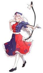 1girl arrow_(projectile) black_shoes blue_dress blue_hat blush bow bow_(weapon) braid breasts closed_eyes closed_mouth collared_dress commentary_request constellation_print cross cross_print curtained_hair dairi drawing_bow dress flats floating_hair full_body hair_tie hand_up hat highres holding holding_arrow holding_bow_(weapon) holding_weapon large_breasts large_variant_set long_hair looking_at_object multicolored_dress no_nose nurse_cap outstretched_arm pantyhose print_dress puffy_short_sleeves puffy_sleeves red_cross red_dress shoes short_sleeves sidelocks simple_background single_braid solo standing sweatdrop tachi-e tiptoes touhou transparent_background v-shaped_eyebrows variant_set very_long_hair weapon white_bow white_hair white_pantyhose white_petticoat yagokoro_eirin