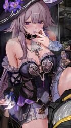 1boy 1girl absurdres arm_support armpit_crease ascot black_dress black_gloves black_pants blush breasts breath brown_hair bulge caelus_(honkai:_star_rail) cellphone closed_mouth commentary_request detached_sleeves dress efuri_(riarea00) erection erection_under_clothes fingerless_gloves fingernails flower gloves gradient_hair hand_up hat hat_flower herta_(honkai:_star_rail) hetero highres holding holding_phone honkai:_star_rail honkai_(series) jewelry key key_necklace long_hair medium_breasts multicolored_hair nail_polish necklace paid_reward_available pants partial_commentary phone pink_nails purple_eyes purple_flower purple_hair smartphone sweat the_herta_(honkai:_star_rail) thighs trailblazer_(honkai:_star_rail) trick_snack_(honkai:_star_rail) very_long_hair white_ascot witch_hat