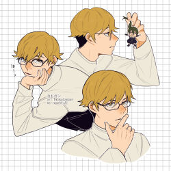 Rule 34 | 1boy, black-framed eyewear, bloe phthalo, blush, character doll, closed mouth, commentary, doll, glasses, green hair, grid background, highres, holding, holding doll, kadaogan, land (sousou no frieren), long sleeves, male focus, multiple views, parted lips, shirt, sousou no frieren, translation request, ubel (sousou no frieren), watermark, white background, white shirt