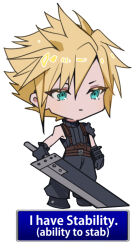 Rule 34 | 1boy, armor, baggy pants, black gloves, blonde hair, blue eyes, blue sweater, boots, buster sword, chibi, chibi only, closed mouth, cloud strife, english text, final fantasy, final fantasy vii, final fantasy vii remake, full body, gloves, holding, holding sword, holding weapon, male focus, miyukiko, pants, short hair, shoulder armor, simple background, single bare shoulder, sleeveless, sleeveless turtleneck, solo, spiked hair, standing, sweater, sword, turtleneck, turtleneck sweater, weapon, white background