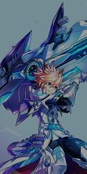 1boy aqua_eyes armor armored_boots belt black_pants black_shirt blonde_hair blue_background blue_belt boots bracer brown_hair buttons chung_seiker coat collared_coat colored_tips cowboy_shot determined dot_nose double-breasted elsword gauntlets hair_between_eyes hair_ears highres holding_cannon huge_weapon hwansang legs_apart long_sleeves looking_ahead male_focus messy_hair multicolored_hair official_art pants parted_lips pauldrons potion science_fiction second-party_source shirt shoulder_armor shoulder_spikes simple_background smirk solo spikes standing teeth thigh_boots two-tone_hair weapon white_boots white_coat