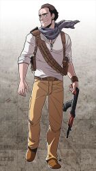1boy ak-47 assault_rifle black_eyes fanart_digital gun kalashnikov_rifle looking_to_the_side naughty_dog pants rifle samuel_drake shirt source_request uncharted:_the_lost_legacy weapon white_shirt yellow_pants