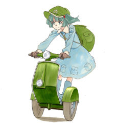 1girl backpack bag blue_boots blue_eyes blue_hair blue_shirt blue_skirt boots brown_gloves collared_shirt commentary_request eyebrows_hidden_by_hair gloves green_bag green_hat hair_bobbles hair_ornament handlebar hat jewelry kawashiro_nitori key key_necklace knee_boots leaning_forward long_sleeves medium_skirt motor_vehicle necklace on_scooter rubber_boots scooter shiratama_(hockey) shirt short_hair sidelocks simple_background skirt smile solo touhou two_side_up white_background