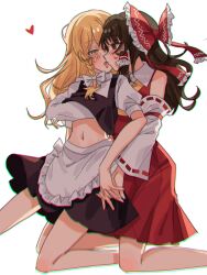 2girls amatukimahoro apron black_skirt black_vest blonde_hair blush bow brown_hair chromatic_aberration clothes_lift detached_sleeves dress fang grabbing_another&#039;s_breast groping hair_bow hair_tubes hakurei_reimu heart highres holding_hands interlocked_fingers kirisame_marisa kneeling long_hair multiple_girls navel red_bow red_dress red_eyes shirt shirt_lift simple_background skirt touhou twitter_username vest waist_apron white_apron white_background white_shirt yellow_eyes yuri