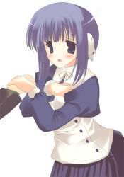 Rule 34 | 1girl, 2000s (style), bad id, blue hair, blush, commentary request, d:, furrowed brow, hand on own chest, holding hands, ilfa (to heart), juliet sleeves, kisaki yuu, long sleeves, open mouth, puffy sleeves, purple eyes, purple skirt, robot ears, short hair with long locks, simple background, skirt, solo focus, to heart (series), to heart 2, white background
