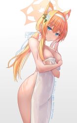 Rule 34 | 1girl, animal ear fluff, animal ears, bilibili username, blue archive, blue eyes, breasts, closed mouth, completely nude, covering breasts, covering privates, flower, gradient background, grey background, gwen orange, hair between eyes, hairband, halo, highres, holding, holding towel, long hair, looking at viewer, mari (blue archive), medium breasts, nude, orange hair, orange halo, pixiv username, ponytail, reddit username, smile, solo, standing, towel, white flower, white hairband