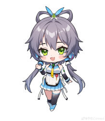 1girl absurdres asymmetrical_legwear bare_shoulders black_socks black_thighhighs blue_boots boots chibi chinese_commentary elbow_gloves fingerless_gloves full_body gloves green_eyes grey_hair hair_ornament hair_rings highres long_hair looking_at_viewer luo_tianyi luo_tianyi_v4 necktie pleated_skirt ribbon shirt shoes short_hair_with_long_locks simple_background skirt sleeveless sleeveless_shirt socks solo standing thighhighs twintails uneven_legwear vocaloid vsinger_(vocaloid) watermark weibo_username weibo_watermark white_background white_boots white_ribbon yellow_necktie