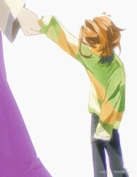 1girl 1other black_pants black_shirt brown_hair chinese_commentary collared_shirt commentary deltarune dress green_sweater highres ji_dong_ele kris_(deltarune) mother_and_child out_of_frame pants purple_dress shirt short_hair single_horizontal_stripe striped_clothes striped_sweater sweater toriel watermark xiaohongshu_id xiaohongshu_watermark