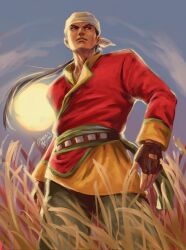 1boy bandana belt black_hair brown_belt brown_eyes brown_gloves fingerless_gloves gloves grass green_sash grey_pants grey_sky highres long_hair looking_ahead multicolored_shirt outdoors pants plain ren_wu_ying sash serious shenmue signature sky sliverofsand solo standing sun white_bandana