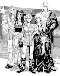 3boys 3girls ahoge alternate_universe blowing_bubbles breasts bun_with_braided_base chain child cleavage clothes_around_waist commentary cosplay crossdressing double_bun dreadlocks emporio_alnino ermes_costello foo_fighters_(jojo) fur_hat greyscale hair_bun hand_on_own_hip hashtag-only_commentary hat highres horned_hat jacket jacket_around_waist jeonjin_(mynamebazin) jojo_no_kimyou_na_bouken knee_brace kujo_jotaro_(cosplay) kuujou_jolyne kuujou_joutarou long_hair loose_hair_strand loose_socks medium_breasts miniskirt monochrome multicolored_hair multiple_boys multiple_girls narciso_anasui necktie one_eye_closed oversized_clothes pleated_skirt school_uniform shoes short_hair skirt sneakers socks stardust_crusaders stone_ocean tank_top torn_clothes torn_tank_top two-tone_hair undone_necktie weather_report