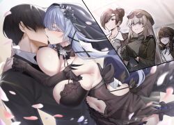 1boy 4girls :/ absurdres administrator_(counter:side) beret blacha_(dkskek157) black_dress black_flower black_gloves black_hair black_hat black_rose black_sleeves black_suit black_veil blue_eyes blush breasts clapping clothing_cutout commentary commission counter:side detached_sleeves dress eyepatch eyewear_on_head faceless faceless_male falling_petals false_smile flower formal_clothes french_kiss furrowed_brow gloves grey_hair halter_dress halterneck hat hetero highres hug inset jealous jewelry kiss large_breasts lee_sooyeon long_hair multiple_girls navel navel_cutout necklace official_alternate_costume partially_shaded_face petals purple_hair red_eyes rose round_eyewear seo_yoon shin_jia sideways_glance smile suit sunglasses swan_claire sweatdrop veil