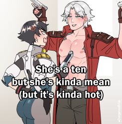 1boy 1girl abs absurdres anger_vein armor artist_name ass black_hair black_pants blush coat dangerousbride dante_(devil_may_cry) devil_may_cry_(netflix) devil_may_cry_(series) fingerless_gloves gloves gun highres holding holding_gun holding_weapon lady_(devil_may_cry) paid_reward_available pants parted_lips red_coat shirt sweatdrop torn_clothes torn_shirt weapon white_hair