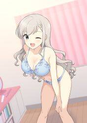 1girl absurdres bedroom black_eyes blue_bra blue_panties bra braid breasts collarbone curtains grey_hair hand_on_own_knee highres hisakawa_hayate idolmaster idolmaster_cinderella_girls large_breasts leaning_forward long_hair one_eye_closed open_mouth panties perapera solo standing underwear underwear_only wavy_hair wink