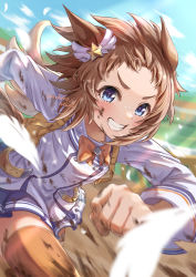 1girl animal_ears artist_name backpack bag biko_pegasus_(umamusume) blue_eyes blurry blurry_background blush bow bowtie brown_hair buruma clenched_hands day feathers grin highres horse_ears horse_girl horse_tail jacket korokoro_nekoz long_sleeves looking_at_viewer motion_blur mud orange_thighhighs outdoors purple_skirt short_hair skirt smile solo tail tearing_up tears thighhighs umamusume v-shaped_eyebrows white_jacket wings