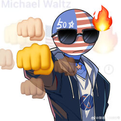 1girl america_(countryhumans) american_flag black_jacket choker clenched_hand clenched_hand_emoji closed_mouth countryhumans emoji facing_viewer fire_emoji highres incoming_attack incoming_punch jacket male_focus meme patterned_skin punching shirt solo star_(symbol) star_choker sunglasses upper_body watermark weibo_watermark white_background white_shirt yuban_10065_hao