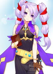 1girl book bracelet brown_gloves closed_mouth commentary_request fire_emblem fire_emblem:_genealogy_of_the_holy_war gloves gold_trim head_tilt highres holding holding_book jewelry looking_at_viewer multi-tied_hair nintendo parted_bangs purple_eyes purple_hair smile solo standing stole sylphy_fe tine_(fire_emblem) twintails