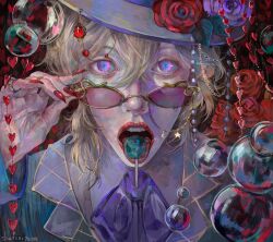 1boy adjusting_eyewear aventurine_(honkai:_star_rail) blonde_hair blue_eyes bow bowtie candy chain collared_shirt commentary english_commentary eyewear_strap fingernails flower food food_in_mouth formal_clothes glasses green_jacket grey_hat hair_between_eyes hand_up hat hat_flower heart highres honkai:_star_rail honkai_(series) jacket jewelry lollipop long_sleeves looking_at_viewer looking_over_eyewear makeup male_focus medium_hair multicolored_eyes nail_polish open_mouth pink-tinted_eyewear portrait purple_bow purple_bowtie purple_eyes purple_flower purple_rose red_flower red_lips red_nails red_rose ring rose shafroii sharp_fingernails shirt soap_bubbles solo straight-on suit sunglasses teeth tinted_eyewear tongue tongue_out two-tone_eyes upper_body yellow-framed_eyewear