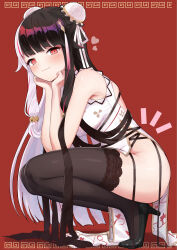 1girl absurdres bare_arms bare_shoulders bell black_hair black_shoes black_thighhighs blush breasts bright_pupils bun_cover china_dress chinese_clothes closed_mouth commentary_request double_bun dress elbows_on_knees from_side full_body grey_hair hair_bell hair_bun hair_ornament hair_ribbon hands_on_own_chin high_heels highres jingle_bell kurenai_rock lace lace-trimmed_thighhighs lace_trim long_hair looking_at_viewer low-tied_sidelocks medium_breasts multicolored_hair nijisanji no_panties official_alternate_costume official_alternate_hairstyle pelvic_curtain pumps red_background red_eyes red_hair ribbon shoes side_up_bun sidelocks solo split-color_hair squatting streaked_hair thighhighs two-tone_hair virtual_youtuber white_dress white_pupils yorumi_rena yorumi_rena_(10th_costume)