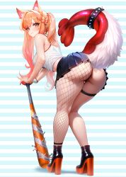 Rule 34 | 18dikart, 1girl, absurdres, animal ears, antenna hair, ass, baseball bat, black panties, blonde hair, blush, breasts, cat ears, commentary, ebiko (vtuber), english commentary, fishnet gloves, fishnets, from behind, gloves, highres, indie virtual youtuber, large breasts, long hair, looking at viewer, nail (hardware), nail bat, orange eyes, panties, platform heels, pleated skirt, second-party source, shirt, shrimp tail, single fishnet armwear, single fishnet legwear, single leg pantyhose, skirt, solo, spiked belt, tail belt, twintails, underwear, virtual youtuber, white shirt