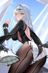 1girl absurdres ass backless_leotard black_pantyhose black_unitard blue_sky blush bodystocking day frilled_leotard frills from_behind grabbing_own_ass highres indoors kururu_(qqqqq59508750) leotard long_hair looking_at_viewer looking_back median_furrow official_alternate_costume pantyhose parted_lips single_hair_intake sky solo white_hair yellow_eyes yixuan_(trails_of_ink)_(zenless_zone_zero) yixuan_(zenless_zone_zero) zenless_zone_zero
