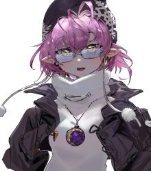1girl amity_blight elf facing_viewer glasses hat highres jacket kuma20151225 light_blush looking_at_viewer open_clothes open_jacket open_mouth pink_hair pointy_ears simple_background smile solo sweater the_owl_house turtleneck upper_body white_sweater yellow_eyes