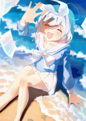 1girl absurdres arms_up arona_(blue_archive) ayu_(user_xkhp7843) blue_archive blue_hair blue_halo blue_shirt bow bow_hairband bowtie closed_eyes feet_out_of_frame flying_paper hairband halo hand_on_ground highres ocean on_ground open_mouth paper pleated_skirt sailor_collar sand shirt sitting skirt solo white_bow white_bowtie white_hairband white_sailor_collar white_skirt