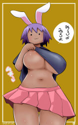 Rule 34 | 1girl, :3, animal ears, black shirt, breasts, brown background, closed mouth, clothes lift, commentary request, cookie (touhou), cowboy shot, dated, fake hisui (cookie), highres, huge breasts, itini-sanshi, looking at viewer, miniskirt, navel, nipples, no bra, pleated skirt, purple hair, rabbit ears, rabbit girl, reisen udongein inaba, shirt, shirt lift, short hair, skirt, solid circle eyes, solo, sweat, touhou, translation request
