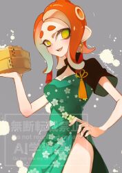 1girl artist_name breasts china_dress chinese_clothes cleavage commentary dated_commentary dress green_dress grey_background hand_on_own_hip highres kainesato long_hair nintendo octoling octoling_girl octoling_player_character orange_hair solo splatoon_(series) splatoon_3 standing tassel tentacle_hair thick_eyebrows twitter_username watermark yellow_eyes