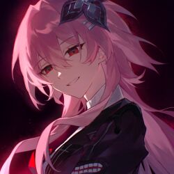 Rule 34 | 1girl, :d, black background, black coat, black flower, coat, evernight (honkai: star rail), flower, from side, hair flower, hair ornament, hair over shoulder, honkai: star rail, honkai (series), light smile, long hair, march 7th (honkai: star rail), muya (77muya), open mouth, pink hair, red eyes, red flower, smile, solo, teeth, upper body