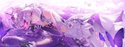 1girl asymmetrical_gloves bare_shoulders black_tiara bright_pupils bug butterfly castorice_(honkai:_star_rail) dalmyang dress elbow_gloves gloves highres honkai:_star_rail honkai_(series) insect legwear_cutout long_hair looking_at_viewer lying on_side pantyhose parted_lips pointy_ears purple_butterfly purple_eyes purple_gloves purple_hair signature solo tiara uneven_gloves water white_dress white_pantyhose white_pupils