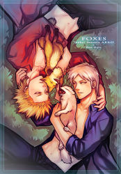 2boys akagi akagi:_yami_ni_oritatta_tensai akagi_shigeru blonde_hair blouse closed_eyes copyright_name creature crossover from_above fukumoto_mahjong hug lying male_focus multiple_boys nature on_back one_outs open_clothes open_mouth open_shirt outdoors shirt silver_hair spiked_hair tokuchi_toua yaoi