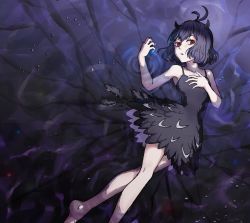 1girl antenna_hair black_clover black_dress black_hair demon_horns dress feathers highres horns pale_skin red_eyes secre_swallowtail solo zumiwataru