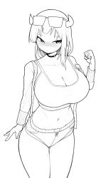 3girls blush breasts cow_horns discord highres horns howcow_(vtuber) indie_virtual_youtuber korean_text large_breasts looking_to_the_side monochrome multiple_girls navel second-party_source sunglasses virtual_youtuber wet wet_clothes white_background