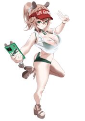 Rule 34 | 1girl, bikini, breasts, brown sandals, butt crack, cellphone, closed mouth, crop top, crossed bangs, full body, green bikini, green eyes, hair between eyes, hat, high ponytail, highres, holding, holding phone, indie virtual youtuber, large breasts, looking at viewer, nimi nightmare, nimi nightmare (lifeguard), official alternate costume, official alternate hairstyle, phone, ponytail, red hat, redi (rasec asdjh), sandals, short hair, simple background, smartphone, smile, solo, standing, standing on one leg, swimsuit, tank top, v, vest, virtual youtuber, visor cap, whistle, whistle around neck, white background, white tank top