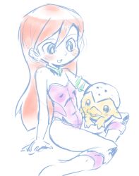 1girl android animal arm_support armlet baby_animal bird blush boots breasts broken_egg chick choker doraemon doraemon:_nobita_to_tetsujin_heidan egg eggshell green_eyes jewelry k-nattoh knee_boots leotard loli long_hair looking_down open_mouth orange_hair pippo purple_leotard riruru robot sitting sketch small_breasts smile white_background white_boots
