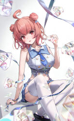1girl absurdres ahoge black_skirt blue_necktie blurry blush breasts commentary_request crop_top depth_of_field diamond_(gemstone) double_bun food_print hair_bun highres large_breasts looking_at_viewer midriff miniskirt muchi2p necktie onigiri_print open_mouth pink_hair red_eyes shirt short_necktie silver_ribbon simple_background sitting skirt smile solo virtual_youtuber vspo! white_shirt yumeno_akari