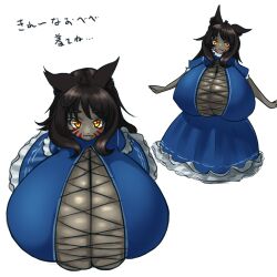 1girl black_hair black_skin blue_dress breasts cleavage colored_skin commission dress female_focus fox_girl fox_girl_(suxihn) fox_tail gigantic_breasts highres looking_at_viewer orange_eyes original penne_bust shiny_skin skindentation smile solo tail twintails white_background