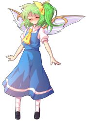 1girl alphes_(style) ascot blush bow closed_eyes closed_mouth commentary_request dairi daiyousei fairy_wings full-face_blush full_body green_hair hair_bow large_variant_set long_hair parody puffy_short_sleeves puffy_sleeves shirt shoes short_sleeves side_ponytail skirt skirt_set socks solo standing style_parody tachi-e touhou transparent_background variant_set white_shirt wings yellow_ascot