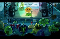 aqua_eyes artist_name bug_spray cabbage-pult_(plants_vs_zombies) cherry cherry_bomb_(plants_vs_zombies) chinese_commentary chomper_(plants_vs_zombies) commentary_request corn fertilizer flower flower_pot flower_pot_(plants_vs_zombies) food fruit grass grate grin happy_new_year highres hightguy hose kernel-pult_(plants_vs_zombies) leaf letterboxed looking_at_viewer melon-pult_(plants_vs_zombies) mushroom new_year night no_humans on_grass outdoors peashooter_(plants_vs_zombies) phonograph plant plant_focus plants_vs_zombies potato_mine_(plants_vs_zombies) puff-shroom_(plants_vs_zombies) sewer_grate smile solid_oval_eyes speaker stage stage_lights sunflower sunflower_(plants_vs_zombies) traffic_cone umbrella_leaf_(plants_vs_zombies) wall-nut_(plants_vs_zombies)