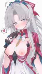 1girl ahoge black_gloves blush breasts breasts_out carlotta_(wuthering_waves) closed_mouth commentary dress gloves grey_background grey_eyes grey_hair highres hone_kawa long_hair looking_at_viewer medium_breasts nipples simple_background smile solo variant_set white_dress wuthering_waves