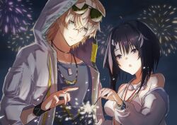 Rule 34 | 1boy, 1girl, absurdres, aerial fireworks, animal ears, arknights, bare shoulders, bikini, black eyes, black hair, blonde hair, blue eyes, blue shirt, breasts, dog boy, dog ears, dog tags, eyewear on head, feather hair, fireworks, goggles, goggles around neck, green-tinted eyewear, highres, holding, holding fireworks, hood, hood up, hooded jacket, infection monitor (arknights), jacket, jacket over swimsuit, jacket partially removed, la pluma (arknights), la pluma (summer flowers) (arknights), multiple necklaces, official alternate costume, open clothes, open jacket, shirt, sparkler, step-siblings, sunglasses, swimsuit, tequila (arknights), tinted eyewear, white bikini, white jacket, wn (wani-noko)