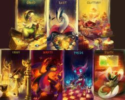 alternate_color alternate_shiny_pokemon breloom cake charmander chessboard clothed_pokemon cowboy_hat creature creatures_(company) diamond_(gemstone) eating english_text envy_(deadly_sins) eyelashes fire flame-tipped_tail food gabite game_freak garchomp gen_1_pokemon gen_2_pokemon gen_3_pokemon gen_4_pokemon gen_5_pokemon glitchedpuppet gluttony_(deadly_sins) greed_(deadly_sins) grin hat highres indoors kecleon legendary_pokemon lugia lust_(deadly_sins) lying monocle neckerchief nintendo no_humans on_back open_mouth pirate_hat pmd-explorers pokemon pokemon_(creature) pokemon_mystery_dungeon pride_(deadly_sins) purple_kecleon sableye sad serious seven_deadly_sins skull_and_crossbones sloth_(deadly_sins) smile standing sunglasses tray treasure wrath_(deadly_sins) zorua