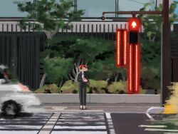 1girl absurdres bag black_jacket black_pants car closed_eyes crosswalk handbag highres jacket lapels mo_ma_shima motion_blur motor_vehicle open_clothes open_jacket original outdoors pants red_hair road short_hair solo standing sweatdrop tree wide_shot