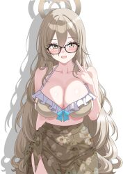 Rule 34 | 1girl, absurdres, akane (blue archive), bare shoulders, bikini, blue archive, blush, breasts, brown bikini, brown eyes, brown hair, brown halo, brown sarong, cleavage, collarbone, floral print, frilled bikini, frills, glasses, hair between eyes, halo, hazaky, highres, large breasts, long hair, open mouth, round eyewear, sarong, solo, swimsuit, v, very long hair, wavy hair