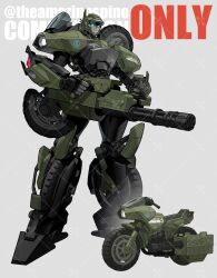 american_flag blue_eyes commission grey_background gun highres holding holding_gun holding_weapon kamitoge_supino mecha motor_vehicle motorcycle no_humans original robot smile star_(symbol) transformers twitter_username v-shaped_eyebrows watermark weapon wheel