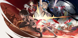 absurdres arm_up armpits arsinosa_(wuthering_waves) ass bare_shoulders black_boots black_har blonde_hair blue_hair book boots breasts colored_inner_hair commentary cristoforo_(wuthering_waves) crown_of_thorns earrings elbow_pads eye_mask female_rover_(wuthering_waves) fleurdelys_(wuthering_waves) floating_earrings grey_hair hair_ribbon hat highres holding holding_book holding_polearm holding_weapon holdng_sword horns jewelry kidy_(kidy_siow) large_breasts long_hair long_horns lupa_(wuthering_waves) medium_breasts multicolored_hair phrolova_(wuthering_waves) pink_hair pointy_ears polearm ribbon rover_(wuthering_waves) single_horn tacet_discord_(wuthering_waves) tail thigh_boots tricorne weapon white_boots wolf_tail wrist_gaurds wuthering_waves yellow_eyes yellow_horns yellow_ribbon