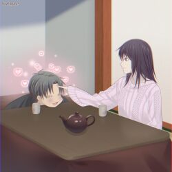 Rule 34 | akigure1, black kimono, blush, couple, cup, fruits basket, grey hair, heart, highres, japanese clothes, kimono, kotatsu, long hair, pink sweater, poking, purple eyes, purple hair, sliding doors, sohma akito, sohma shigure, sweater, table, tatami, teacup, teapot, twitter username, wooden table