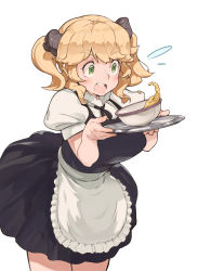 1girl aioi_u aletta alternate_costume apron black_dress blonde_hair blush bowl breasts cowboy_shot dress enmaided food frilled_apron frills highres isekai_shokudou large_breasts maid open_mouth puffy_short_sleeves puffy_sleeves short_sleeves simple_background solo soup tray twintails white_apron white_background
