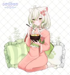absurdres ahoge animal_ears argyle_background artist_name blush bowl braid braided_ponytail cherry_blossoms chopsticks cushion eating english_text ferret ferret_ears ferret_girl flower food fruit gradient_hair green_hair hair_flower hair_ornament highres holding holding_bowl holding_chopsticks indie_virtual_youtuber japanese_clothes kimono kneeling laimu_(vtuber) lime_(fruit) lime_necklace lime_slice looking_at_viewer multicolored_hair nalora noodles paw_print paw_print_pattern pillow pink_kimono plant ramen rose simple_background socks two-tone_hair vinesauce virtual_youtuber white_hair
